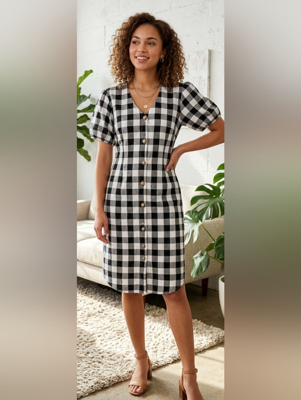 LOFT Black White Gingham Dress Teacher Linen Blend Cottagecore Coastal Preppy